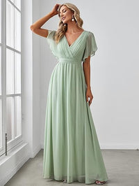 Abito da damigella con scollo a V, maniche a volant, arricciato, da festa, lungo fino al pavimento, in chiffon, abito formale