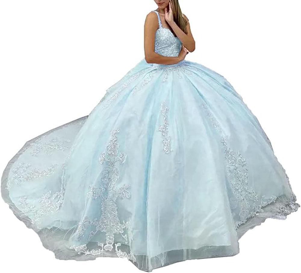 Women's Spaghetti Straps Quinceanera Dresses Ball Gown Sequin Appliques Sweet 16 Prom Gown Princess Party Dress