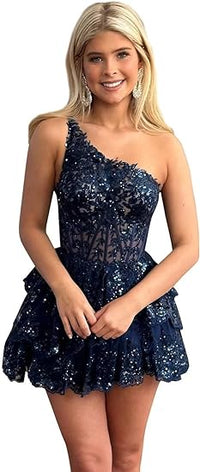 Vestidos de Regresso a Casa de Tule com Um Ombro para Adolescentes Vestido Curto de Baile com Lantejoulas Brilhantes Vestidos de Festa com Folhos em Camadas e Apliques