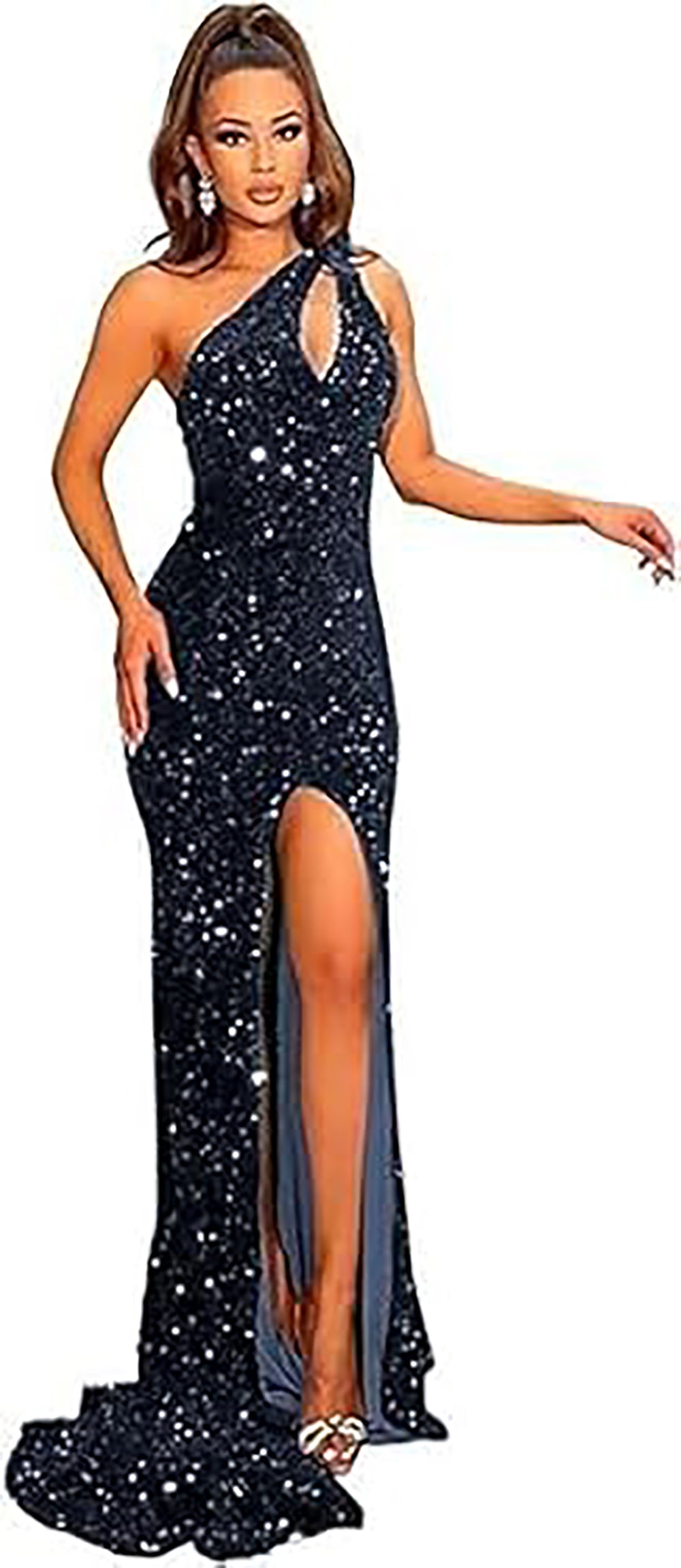 Abiti da sera lunghi da festa con paillettes su una spalla, spacco, glitter, stile sirena formale