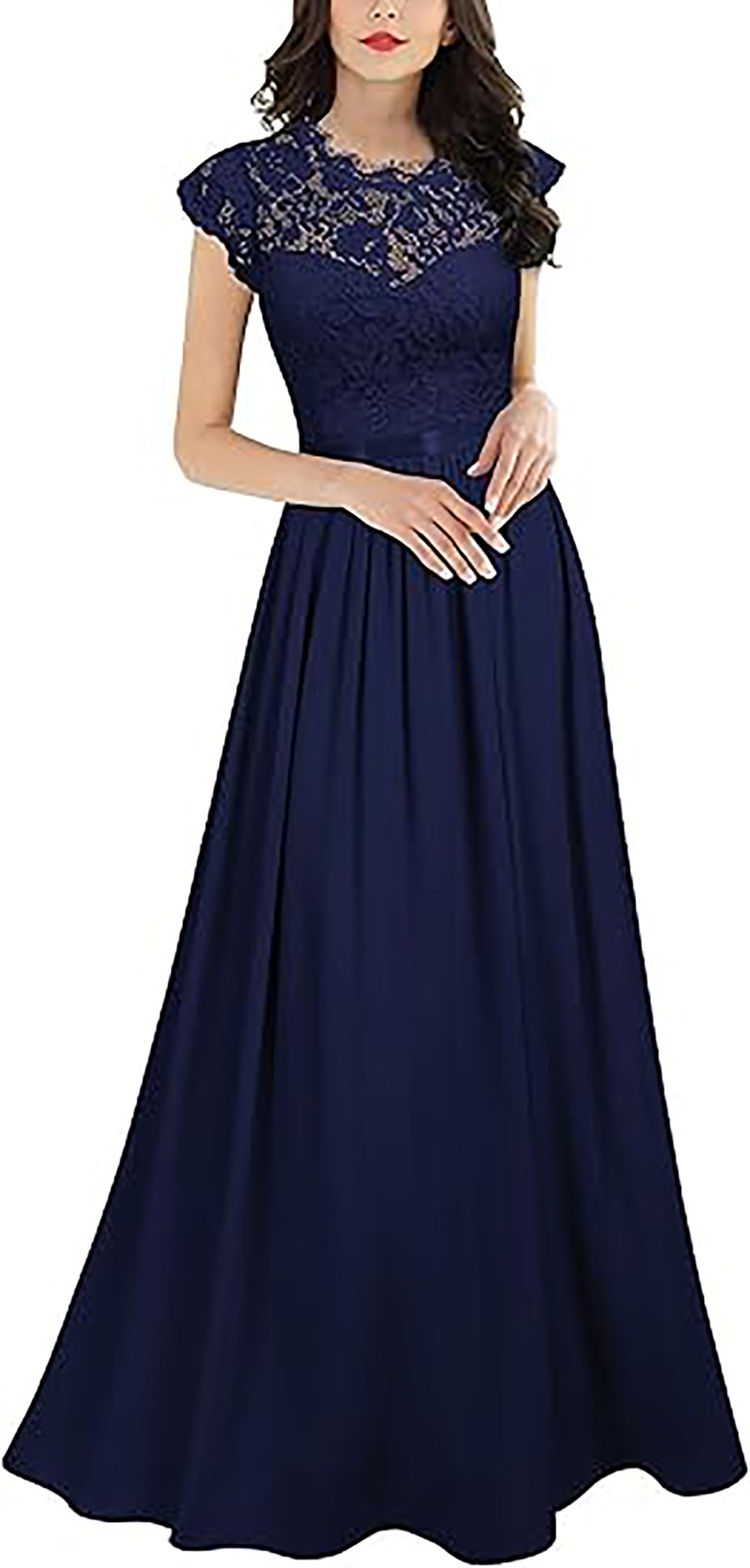 Vestito da festa elegante da donna con scollo a V, maniche a cappuccio e spacco alto in pizzo nero