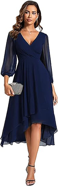 Abito da sera da donna in chiffon con scollo a V, maniche lunghe, abito da damigella, lunghezza midi, abito per invitata a matrimonio