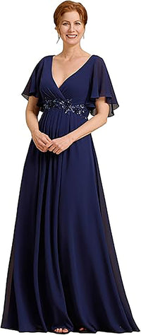 Abito da madre in chiffon con maniche svolazzanti, pizzo, vita decorata con perline, abito formale per festa di matrimonio