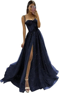 Abiti da sera lunghi da ballo formali a linea A con spalline sottili e spacco laterale in tulle scintillante per donna 2025