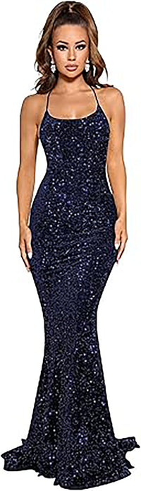 Abiti da sera lunghi da donna con spalline sottili, paillettes scintillanti, stile sirena per feste e balli
