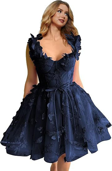 Abito corto da sera in tulle da donna con farfalle 3D, abiti da ritorno a casa con applicazioni in pizzo, abiti da cocktail con spalline sottili
