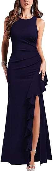 Vestido de Baile Elegante de Sereia Sem Mangas com Fenda Alta e Folhos, Vestido Longo Formal para Noite, Vestido para Convidada de Casamento