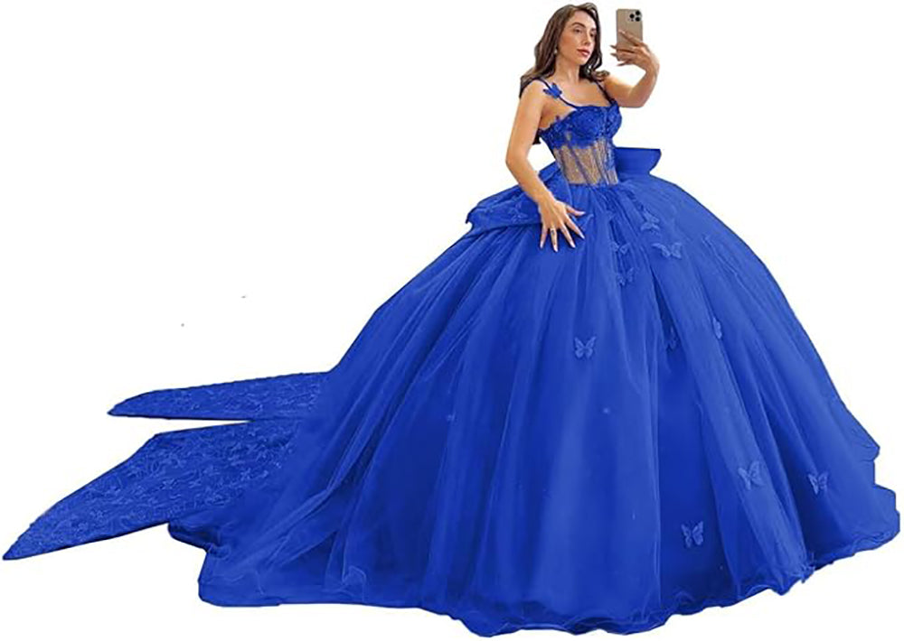 Robes de Quinceanera à bretelles spaghetti avec dentelle papillon et perles Robes de bal en tulle scintillant Robes Sweet 16