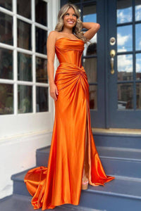 Orange Satin Evening Gown Strapless Corset High Slit Long Prom Dress Ms2509051