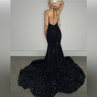 Robe de soirée sirène noire pour femme, col en V, paillettes, traîne douce, dos nu, robe de soirée sexy, robe de bal