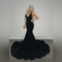 Robe de soirée sirène noire pour femme, col en V, paillettes, traîne douce, dos nu, robe de soirée sexy, robe de bal