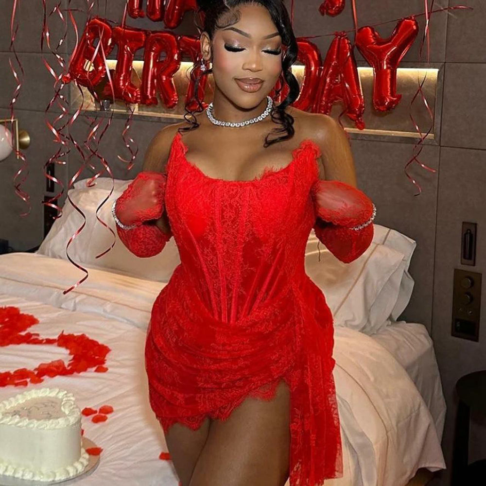 Mermaid Birthday Evening Dress For Black Girl Strapless Lace Short Prom Gown Club Night Party Gown