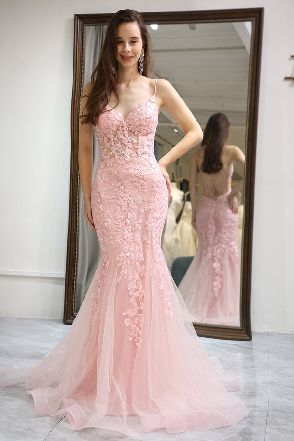 Pink Lace Floral Mermaid Prom Dress Corset Sheer Formal Party Gown Ms2507202