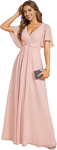 Abito da madre in chiffon con maniche svolazzanti, pizzo, vita decorata con perline, abito formale per festa di matrimonio