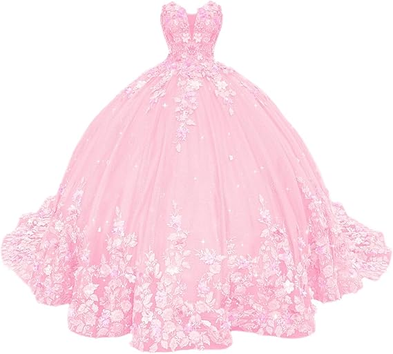 Abiti da Quinceanera con Fiori 3D Scintillanti, Abiti Quince in Tulle Gonfi Senza Spalline, Abiti Sweetheart con Perline e Pizzo, Abiti Sweet 16