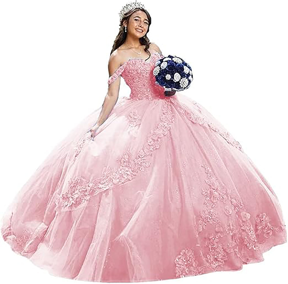 Abiti da Quinceanera in tulle di lusso con spalline sottili, abito da ballo lungo con applicazioni di pizzo gonfio, abito da sera per donna