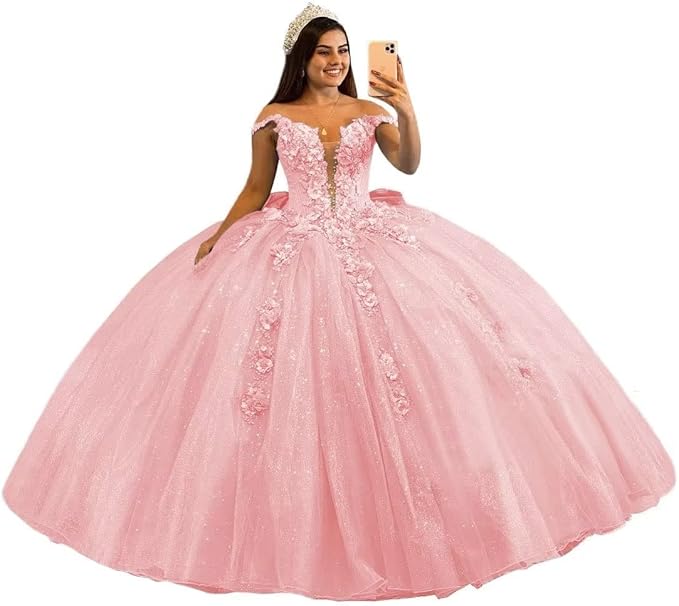 Robe de bal luxueuse en tulle, robe de bal bouffante et scintillante, robe de bal à épaules dénudées, motif floral, 16 ans
