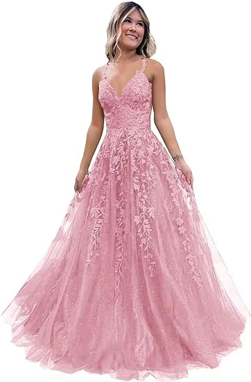 Vestido de Festa Longo em Tule com Aplicações de Renda Brilhante Fivsole, Corte em A Formal para Noite