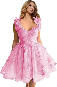 Abito corto da sera in tulle da donna con farfalle 3D, abiti da ritorno a casa con applicazioni in pizzo, abiti da cocktail con spalline sottili