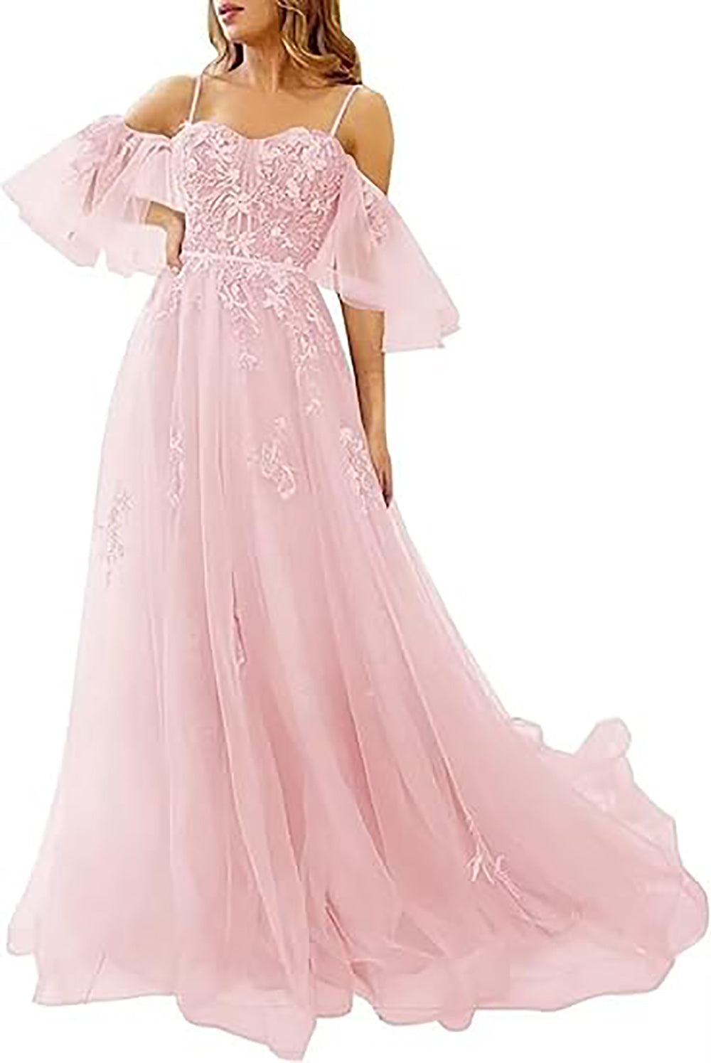 Vestidos de Baile Longos com Ombros Descobertos, Tule, Apliques, Vestido de Festa com Alças Finas, Vestidos Formais de Noite