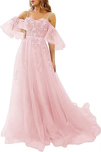 Vestidos de Baile Longos com Ombros Descobertos, Tule, Apliques, Vestido de Festa com Alças Finas, Vestidos Formais de Noite