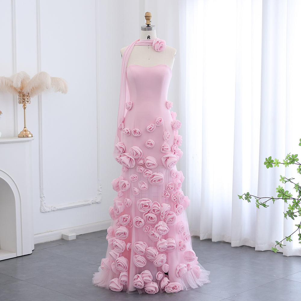 Elegante Abito da Sera con Fiori 3D Rosa 2025 Abito da Sposa Formale Lungo con Spacco Laterale Abito da Festa per Ragazza