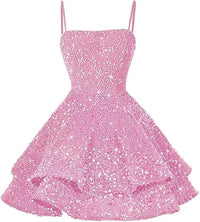 Vestiti corti con paillettes per il ritorno a casa per adolescenti 2024, spalline sottili scintillanti, abito da ballo Sweet 16, abito da cocktail