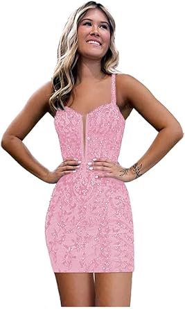 Robe de soirée moulante en dentelle à paillettes pour adolescentes, bretelles spaghetti, col en V, robe de bal courte, mini robe de cocktail