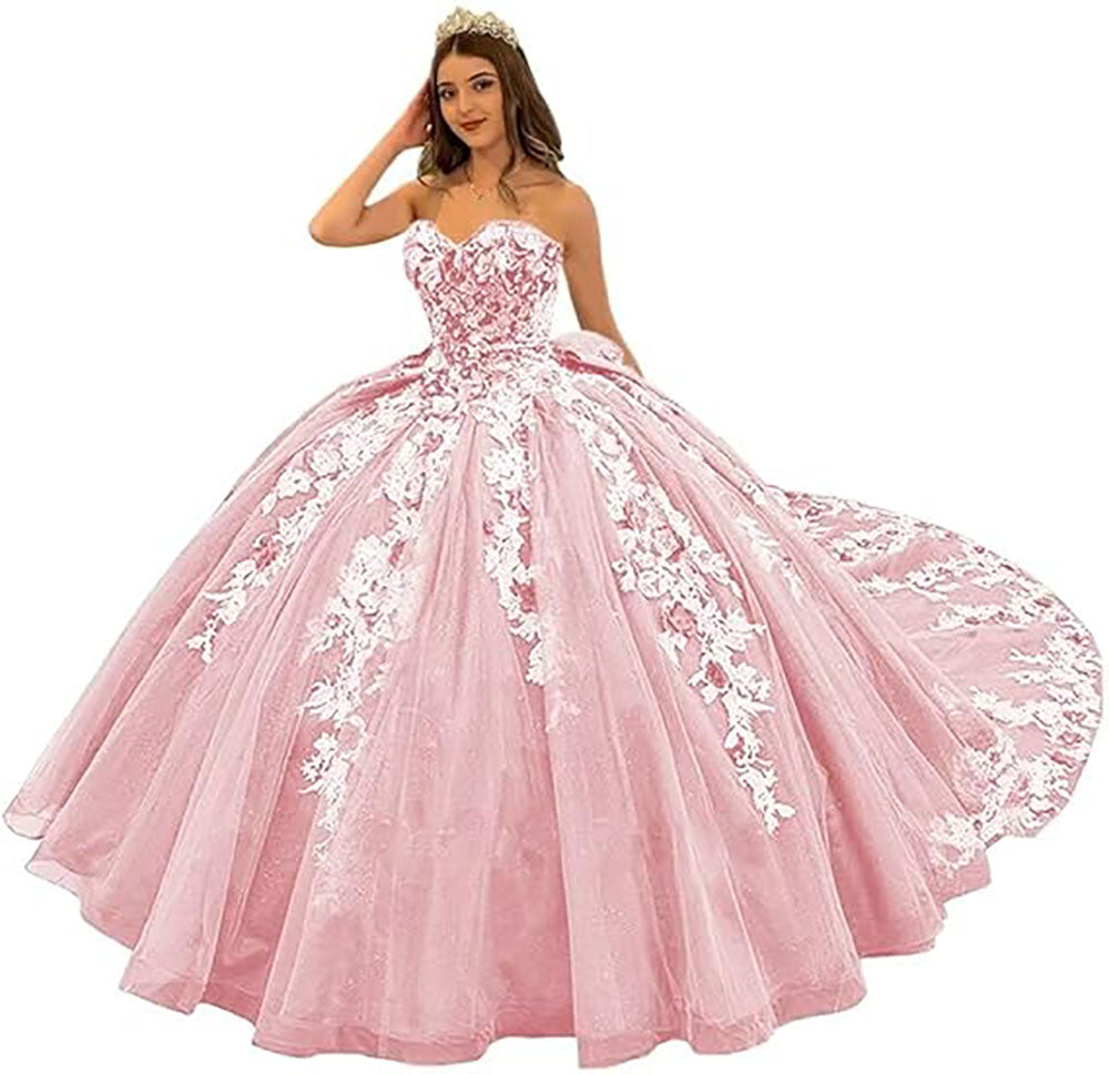Wunderschöne trägerlose Quinceanera-Kleider mit Perlen, Ballkleid, bauschige Spitze, Ballkleider mit Schleppe, Blumenmuster, Sweet 15 16 Kleider