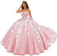 Wunderschöne trägerlose Quinceanera-Kleider mit Perlen, Ballkleid, bauschige Spitze, Ballkleider mit Schleppe, Blumenmuster, Sweet 15 16 Kleider