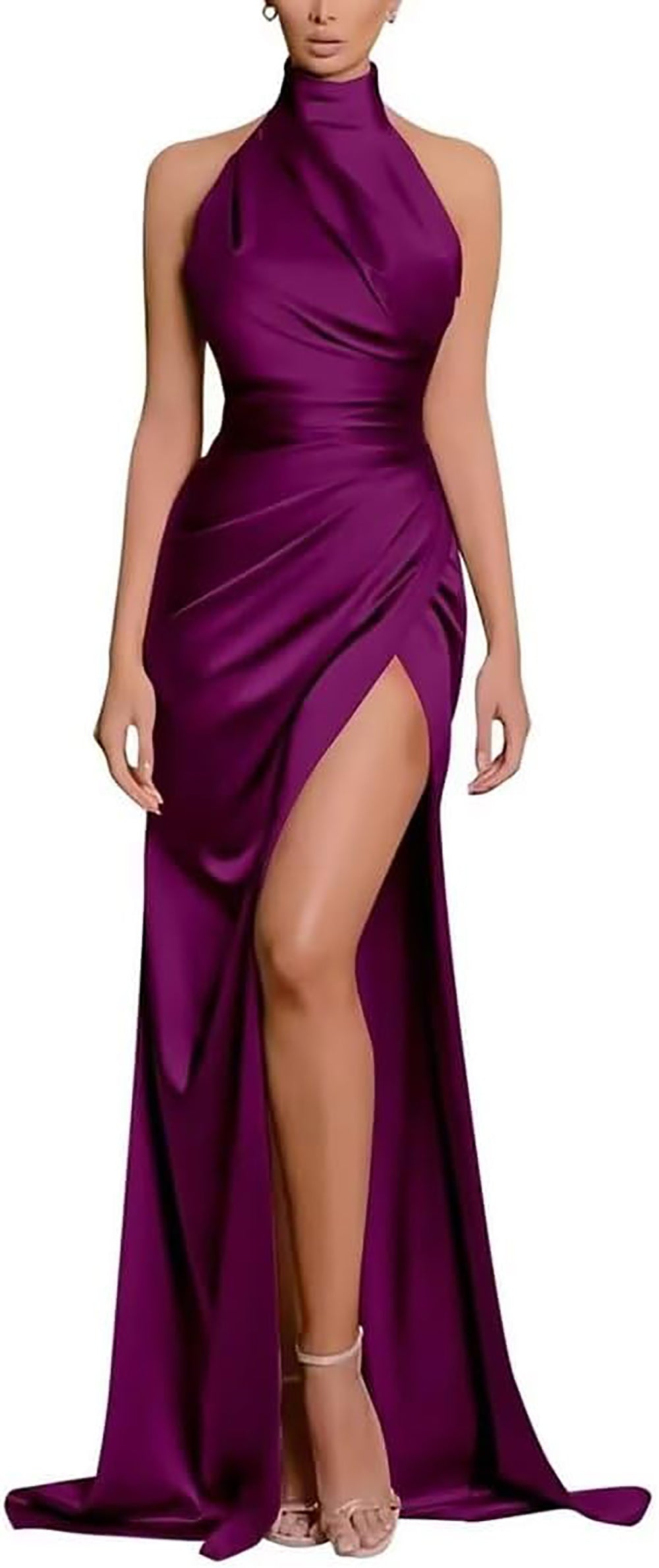 Satin Halter Bridesmaid Dresses Long Pleated Prom Dresses with Slit Mermaid Evening Dresses
