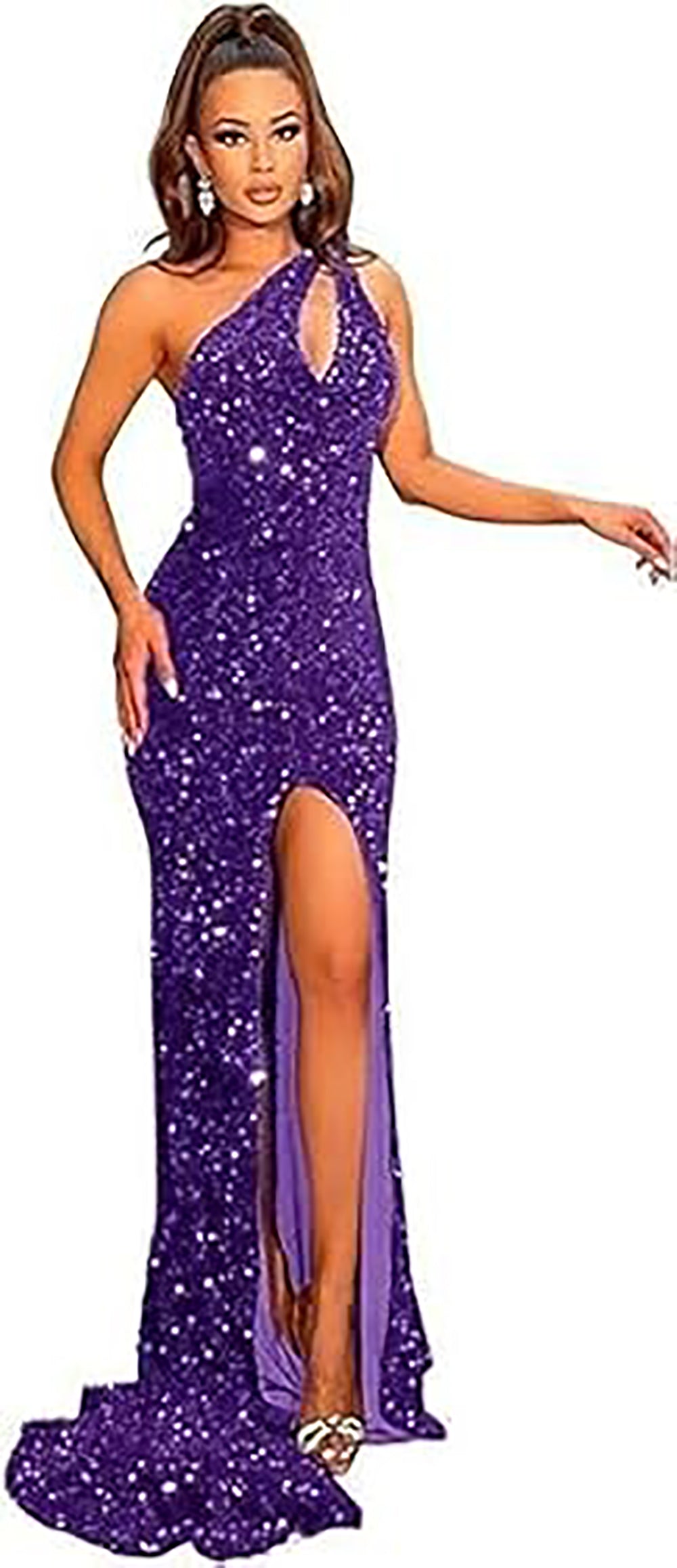 Abiti da sera lunghi da festa con paillettes su una spalla, spacco, glitter, stile sirena formale