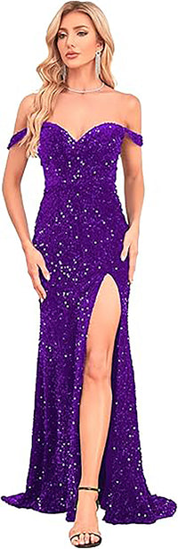 Abito da sera elegante a sirena con spalle scoperte e spacco, con paillettes, per feste formali