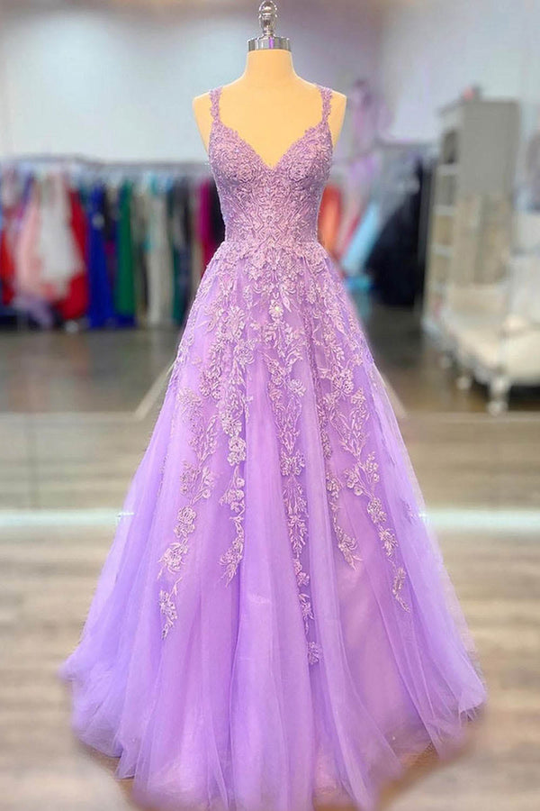 Lace Appliques Tulle Prom Dress A-Line Spaghetti Strap Party Gown Ms2509264