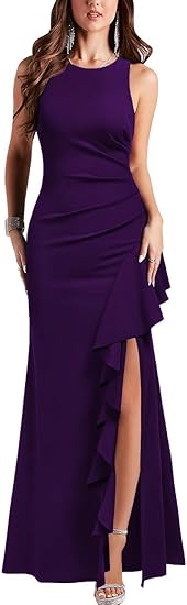 Vestido de Baile Elegante de Sereia Sem Mangas com Fenda Alta e Folhos, Vestido Longo Formal para Noite, Vestido para Convidada de Casamento