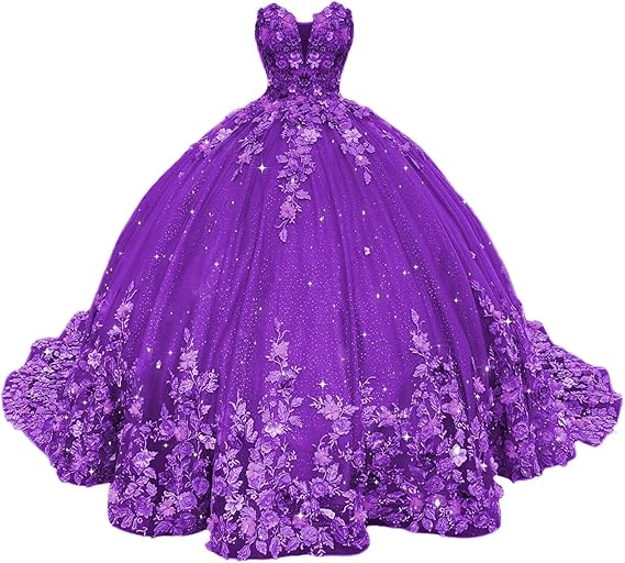 Abiti da Quinceanera con Fiori 3D Scintillanti, Abiti Quince in Tulle Gonfi Senza Spalline, Abiti Sweetheart con Perline e Pizzo, Abiti Sweet 16