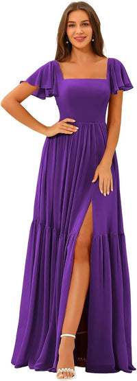 Vestidos de Dama de Honra com Decote em U, Fenda e Mangas de Chiffon com Folhos, Vestidos Formais Longos para Festa com Bolsos