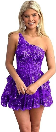 Abiti corti a balze con paillettes scintillanti per il ritorno a casa per adolescenti, abito da cocktail da festa con applicazioni in pizzo a una spalla