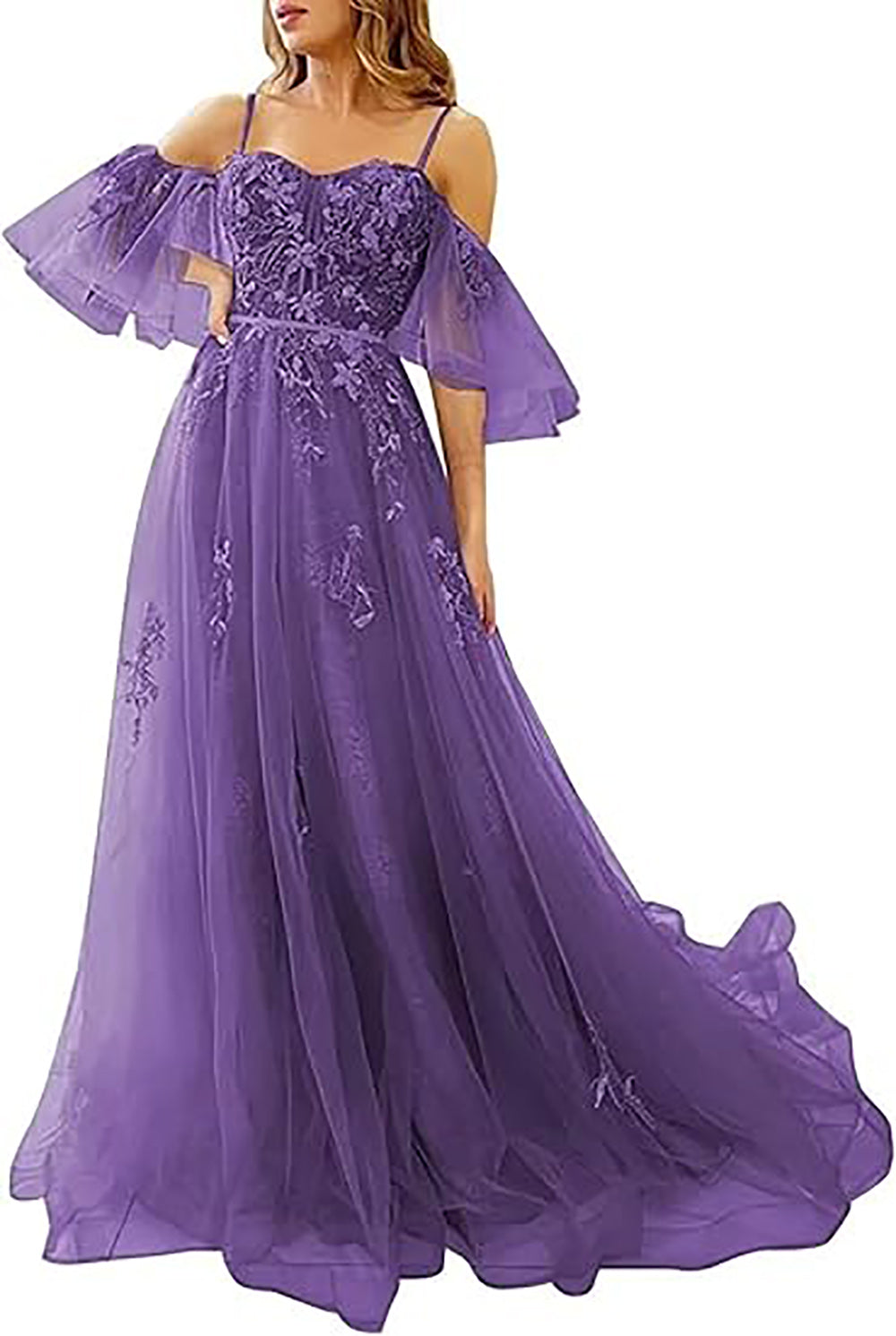 Vestidos de Baile Longos com Ombros Descobertos, Tule, Apliques, Vestido de Festa com Alças Finas, Vestidos Formais de Noite