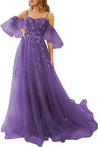 Vestidos de Baile Longos com Ombros Descobertos, Tule, Apliques, Vestido de Festa com Alças Finas, Vestidos Formais de Noite