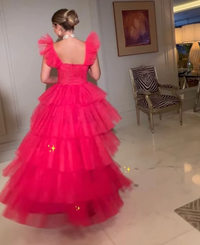 Elegante abito da sera a strati con applicazioni in pizzo, senza maniche, arricciato, abito formale Ms2504071