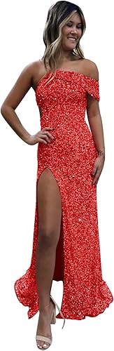 Abito da festa da donna monospalla a sirena, abito da ballo con paillettes scintillanti, abito da sera formale con spacco