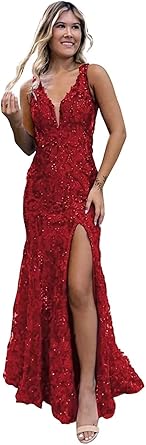 Abiti da sera formali lunghi da ballo con paillettes a sirena per adolescenti, con spacco, scollo a V e pizzo
