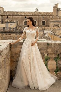 Vintage Lace Wedding Dress A-Line 3/4 Illusion Sleeves Lace Appliqué Bridal Dress Ms2505205