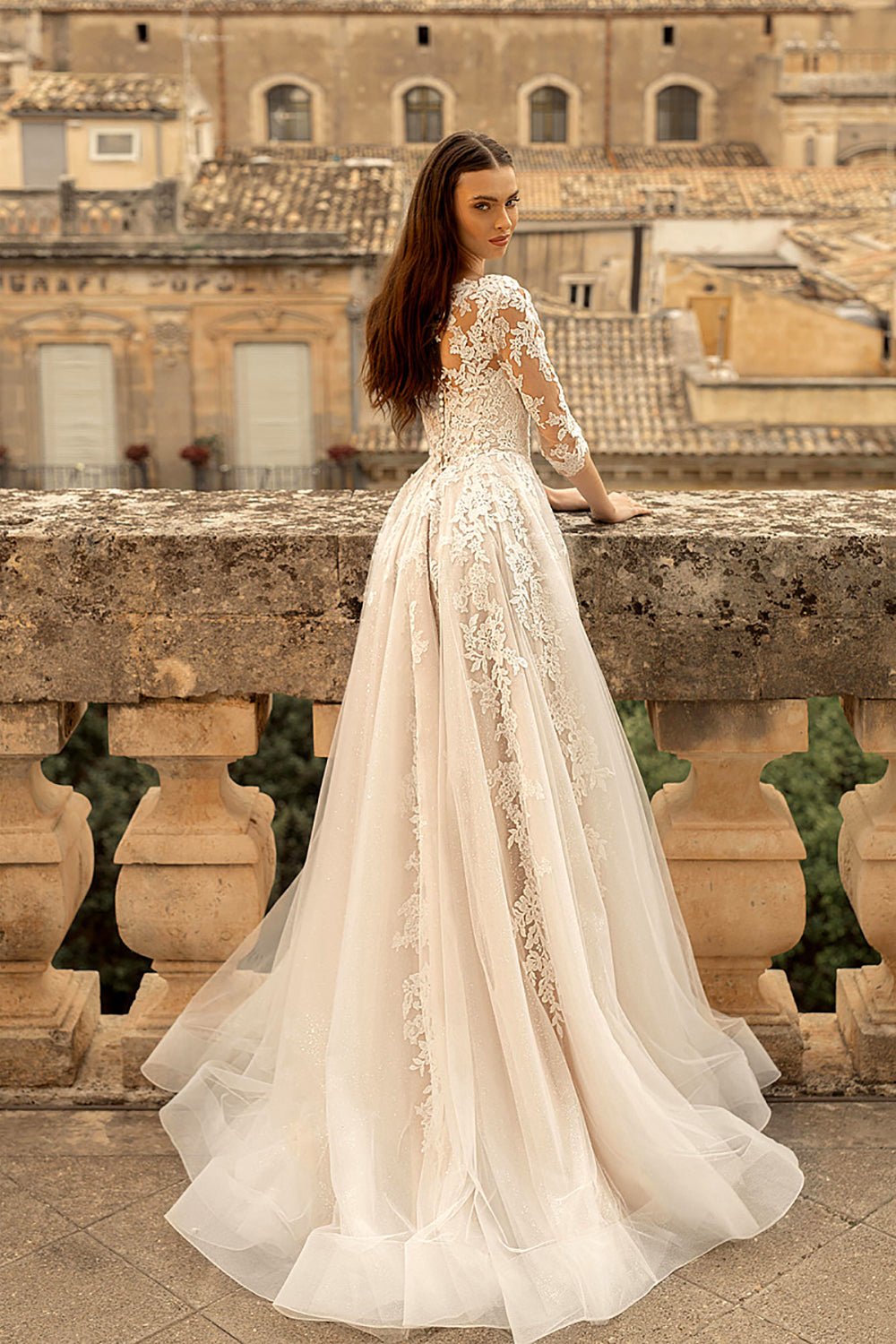 Vintage Lace Wedding Dress A-Line 3/4 Illusion Sleeves Lace Appliqué Bridal Dress Ms2505205