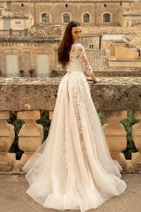Vintage Lace Wedding Dress A-Line 3/4 Illusion Sleeves Lace Appliqué Bridal Dress Ms2505205