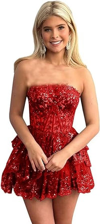 Mini robe de soirée sexy sans bretelles en dentelle avec appliques, robe de cocktail à plusieurs niveaux, robe de bal, robe de soirée
