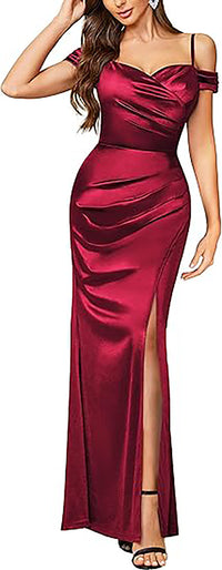 Sexy abito da sera lungo da festa con spalle scoperte in raso, spacco alto e arricciature, stile sirena Ms2503131
