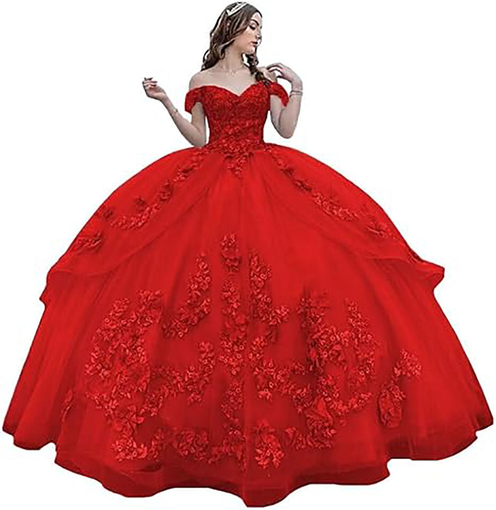 Abiti da Quinceanera floreali 3D Abito da ballo gonfio in tulle scintillante Abiti Sweet 16 con spalle scoperte Abito principessa in pizzo