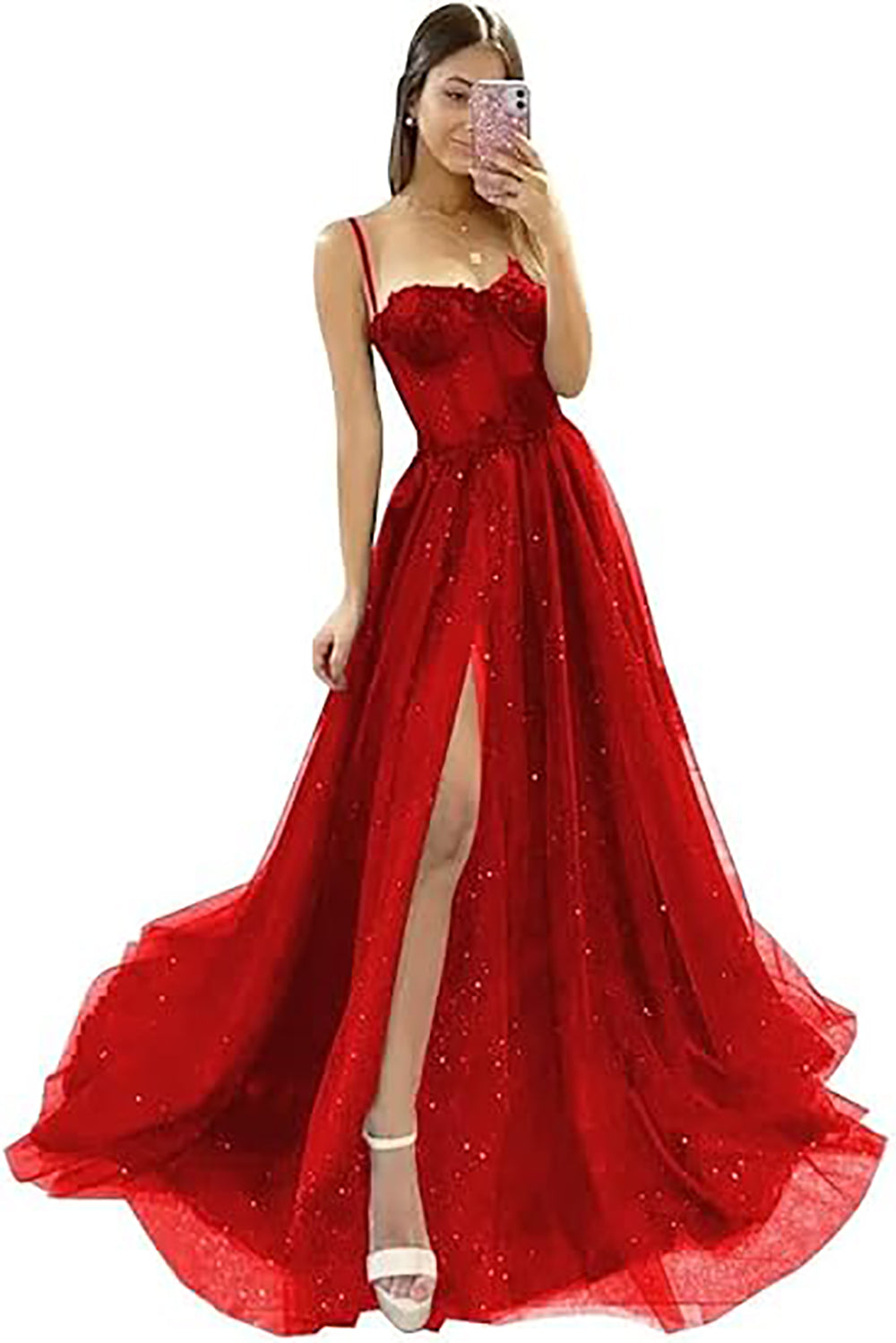 Robe de soirée longue en tulle à bretelles spaghetti et décolleté plongeant pour femme